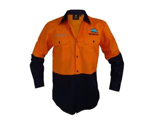 Cronulla Sharks NRL LONG Sleeve Button Work Shirt HI VIS ORANGE NAVY