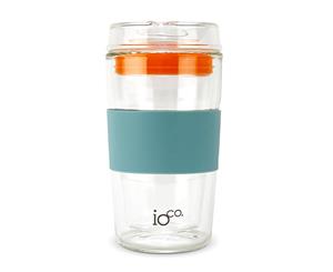 IOco 12oz All Glass Coffee Tea Cup Mug.Travel Reuse & Keep it -Ocean/Orange