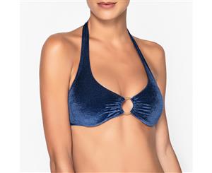 La Redoute Collections Womens Halterneck Velvet Bikini Top - Navy Blue