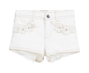 Mayoral Lace Trim Pearl & Diamante Vintage Denim Shorts - Vanilla