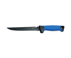 Mustad 8 Inch Stainless Steel Serrated Fillet Knife with Sheath - Black Teflon Coated