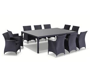 Roman 10 Seat Outdoor Wicker And Glass Top Dining Table And Chairs Setting - Outdoor Wicker Dining Settings - Charcoal with Denim cushion
