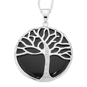Silver CZ Onyx Tree Pattern Pendant
