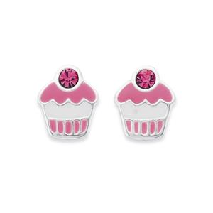 Silver Pink Enamel & Crystal Cupcake Studs