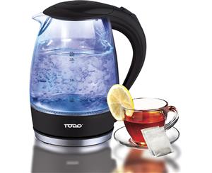 TODO 1.7L Glass Cordless Kettle 2200W Blue Led Light Kitchen Water Jug Black