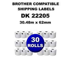 30 Rolls Brother Compatible Direct Thermal Labels DK 22205 62mm x 30.48mm