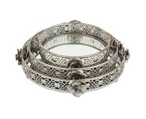 3-Piece Round Floral Decorative Tray Set | Antique Silver | Madeleine Collection
