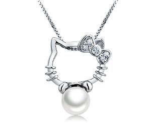 .925 Sterling Silver Kitty Plays The Ball Pendant-White/Pearl