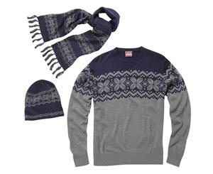 Christmas Mens & Womens Nordic Knitted Jumper Hat And Scarf Set - Grey/ Navy
