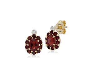 Cluster Round Garnet & Diamond Oval Stud Earrings in 9ct Yellow Gold