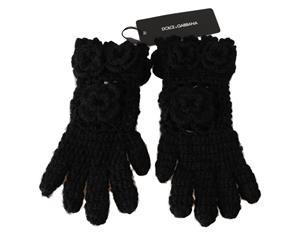 Dolce & Gabbana Black 100% Cashmere Knitted Floral Warm Gloves