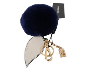 Dolce & Gabbana White Blue Leather Fur Gold Clasp Keyring Keychain
