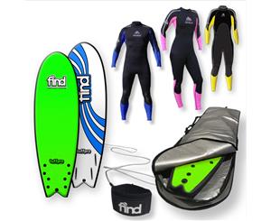 FIND 5ཆ" TuffPro Quadfish GREEN Soft Surfboard Softboard + Cover + Leash + Wetsuit Package - Green