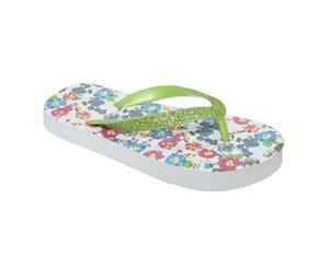 Floso Childrens/Girls Floral Toe Post Flip Flops With Glitter Strap (White) - FLIP244