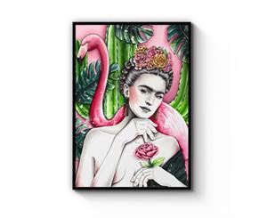 Frida Kahlo With Flamingo Art - White Frame