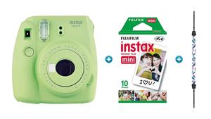 Instax Mini 9 Instant Camera - Lime Green with Feather Strap & 10 Pack of Film