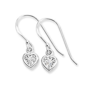 Silver CZ Heart Bezel Drop Hook Earrings