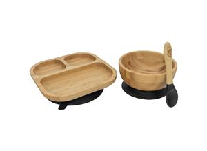 Tiny Dining Children's Bamboo Tableware Feeding Set - Plate Bowl Spoon with Stay Put Suction - Black