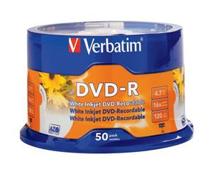 VDVD-R50P VERBATIM 50Pk DVD-R Printable Spindle 16X 4.7Gb Verbatim Full-Colour High Resolution Photo-Quality Printing Full-Colour High Resolution