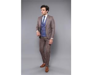 Wessi Slimfit 3 Piece Checked Brown Men's Suit
