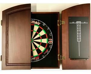 Winmau DUAL CORE Blade 5 FIVE Dart Board & TIMBER Cherry Wood Cabinet + 6x Darts