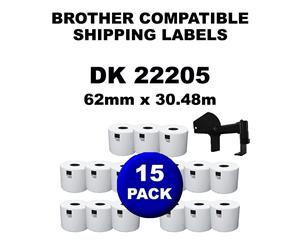 15 Rolls Brother Compatible Direct Thermal Labels DK 22205 62mm x 30.48mm With Cartridge