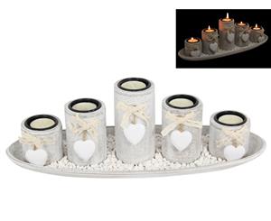 38cm Shabby Chic 5pce Candle Holder Set with Heart Features Gift - Grey