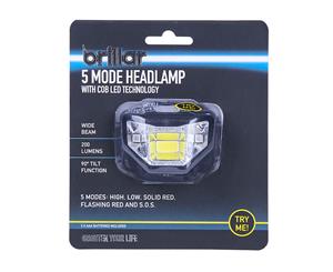 5 Mode Headlamp with COB LED Technology Wide Beam Light Adjustable Headband 90 degree Running BLACK
