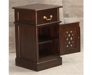 Chocolate Bedside Table with Carved Door & 1 Drawer