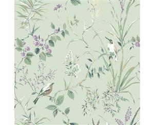 Crown Mariko Bird Floral Wallpaper Green (M1552)