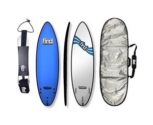 FIND 6Ɔ" Tuffpro Thruster Soft Surfboard Softboard + Padded Silver Cover + Leash Package - Blue