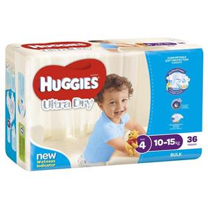 Huggies Ultra Dry Nappies Size 4 Boy 10-15kg Bulk 36 Pack