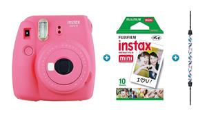 Instax Mini 9 Instant Camera - Flamingo Pink with Feather Strap & 10 Pack of Film