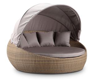 Large Newport Outdoor Wicker Round Daybed With Canopy In Sunbrella Fabric - Outdoor Daybeds - Brushed Wheat Canvas Taupe