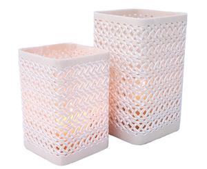 Morrocan Patterned Resin Set of 2 Square Pillar Candle Holder Hurricane - Ivory