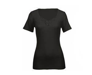 Pure Merino Wool Women's Short Sleeve Thermal Fleece Top - Black