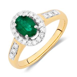 Ring with Emerald & 1/4 Carat TW of Diamonds in 10ct Yellow & White Gold
