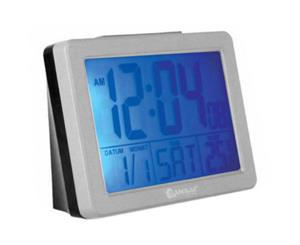 Sansai CR-075E Alarm Clock LCD Blue Backlight Date Temperature Display Silver