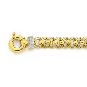 Solid 9ct Gold 19cm Double Rollo Bracelet with Bolt Ring and Diamond Accents