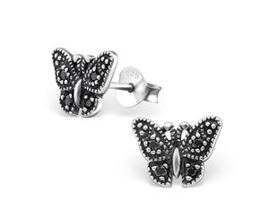 Sterling Silver Butterfly Black Spinel Earrings With Crystals
