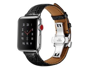 WIWU Crocodile Leather Watch Band Silver Metal Buckle For Apple Watch 5/4/3/2/1-Black