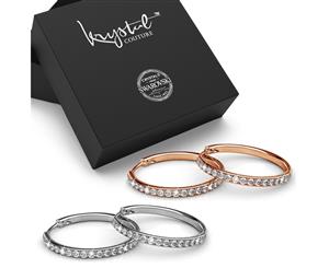 Boxed 2-Pairs Encrusted Hoop Earrings Set Embellished with Swarovski crystals-Rose Gold/Clear/White Gold/Clear