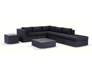 California Package A Outdoor Wicker Modular Chaise Lounge Setting With Tables - Outdoor Wicker Lounges - Charcoal Wicker with Denim