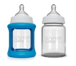 Cherub Baby Glass Bottle 150ml Twin Pack with Protective Colour Change Silicone Sleeve - Blue