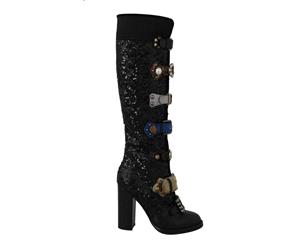 Dolce & Gabbana Black Crystal Sequined Buckle Boots