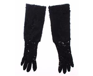 Dolce & Gabbana Black Lace Wool Lambskin Fur Elbow Gloves