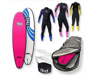 FIND 8Ɔ" TuffPro MiniMal PINK Soft Surfboard Softboard + Cover + Leash + Wetsuit Package - Pink