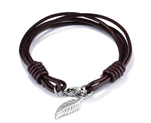 Feather Charm Leather Bracelet-Leather/Brown