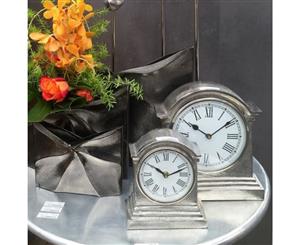 HUTT Small Table Clock with Round White Face Black Numerals and Arms and Nickel Finish