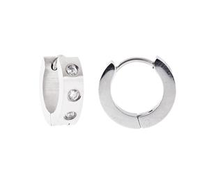 Iced Out Bling Stainless Steel Hoop Earrings - 3 STONES 12mm - Silver